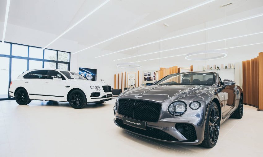 Bentley cars in showroom, Woking, Surrey